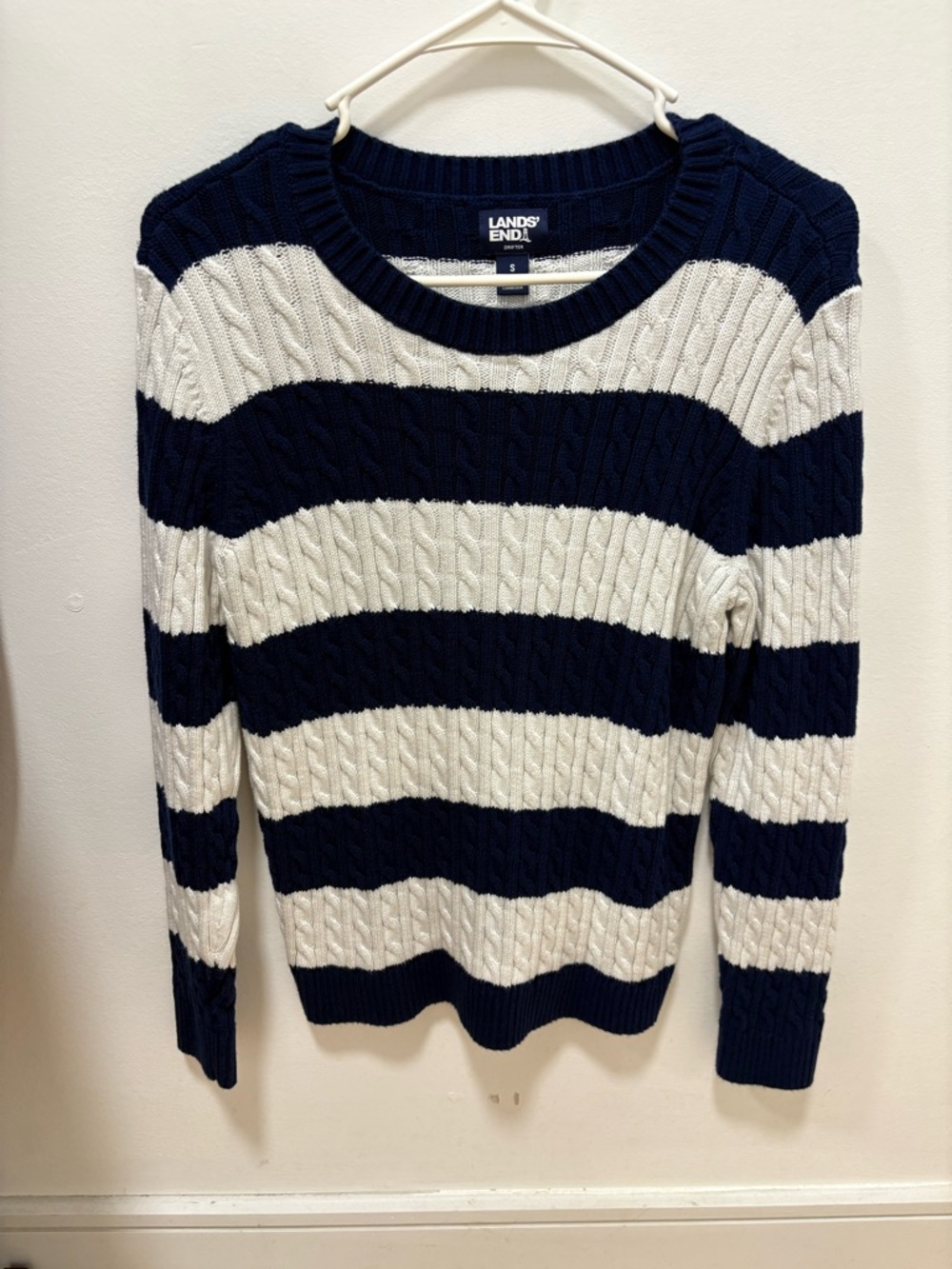 Lands' End Navy and White Striped Cable-Knit Crew Sweater
